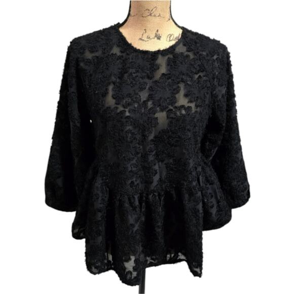 Altar'd State Chic Black Lace Burnout Velvet Slightly Sheer Peplum Blouse Size S - Picture 1 of 6